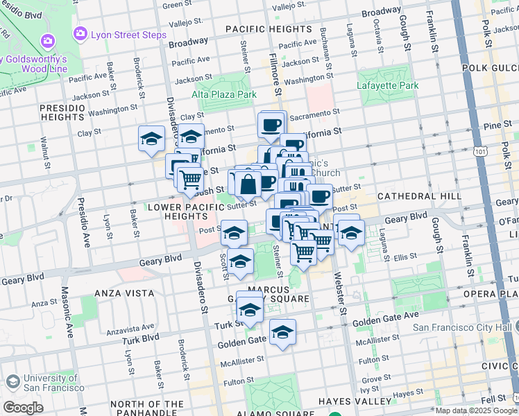 map of restaurants, bars, coffee shops, grocery stores, and more near 2135 Sutter Street in San Francisco
