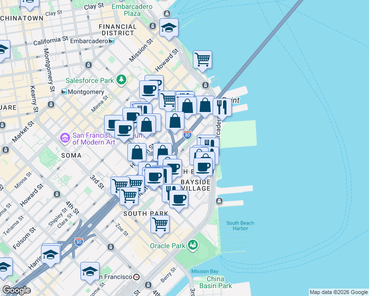 map of restaurants, bars, coffee shops, grocery stores, and more near 242 Bryant Street in San Francisco