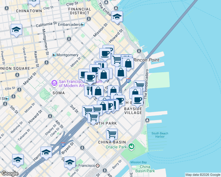 map of restaurants, bars, coffee shops, grocery stores, and more near 511 Harrison Street in San Francisco