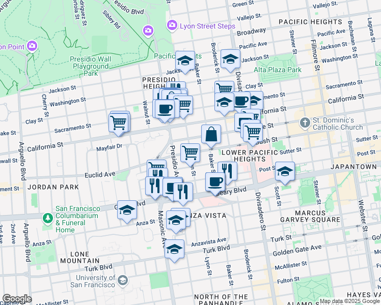 map of restaurants, bars, coffee shops, grocery stores, and more near Bush St & Lyon St in San Francisco
