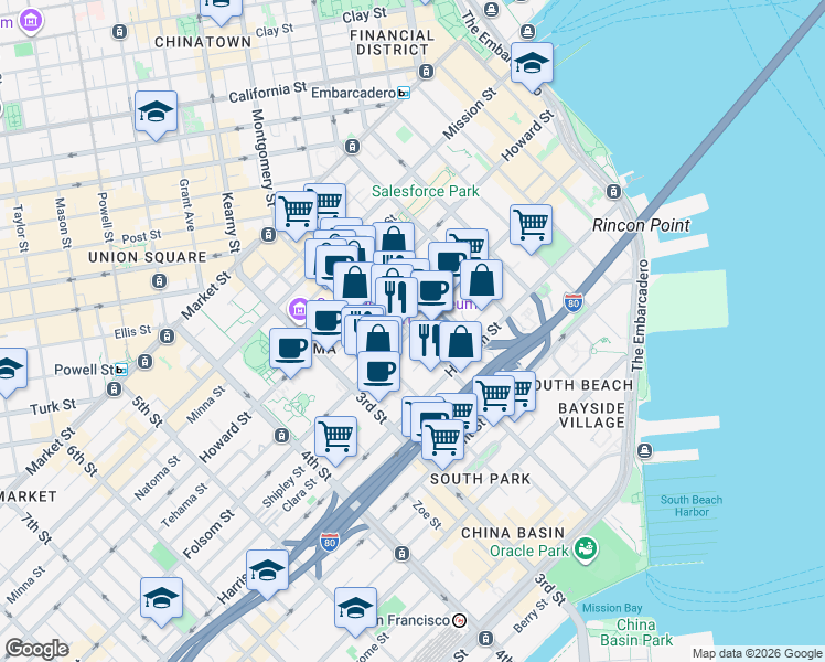 map of restaurants, bars, coffee shops, grocery stores, and more near Folsom St & 2nd St in San Francisco