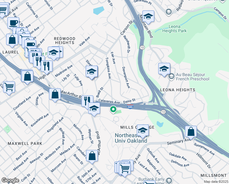 map of restaurants, bars, coffee shops, grocery stores, and more near 4760 Tompkins Avenue in Oakland