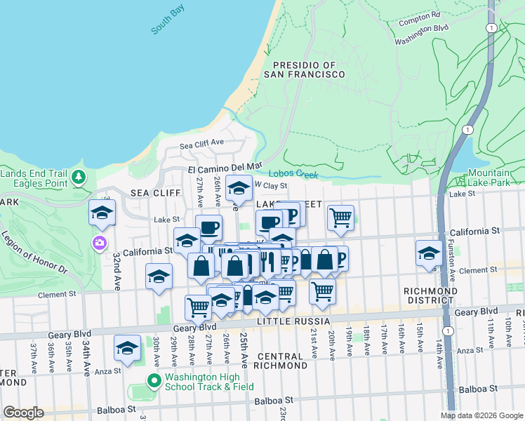 map of restaurants, bars, coffee shops, grocery stores, and more near 240 24th Avenue in San Francisco