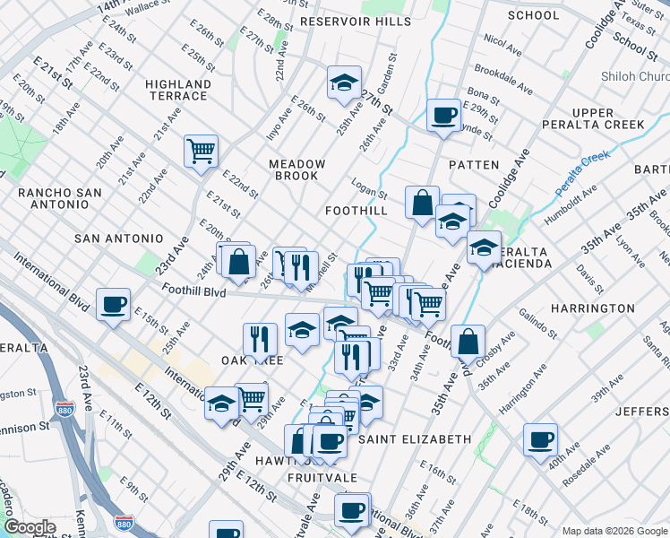 map of restaurants, bars, coffee shops, grocery stores, and more near in Oakland