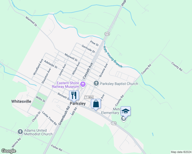 map of restaurants, bars, coffee shops, grocery stores, and more near 24300-24398 Chadbourne Street in Parksley
