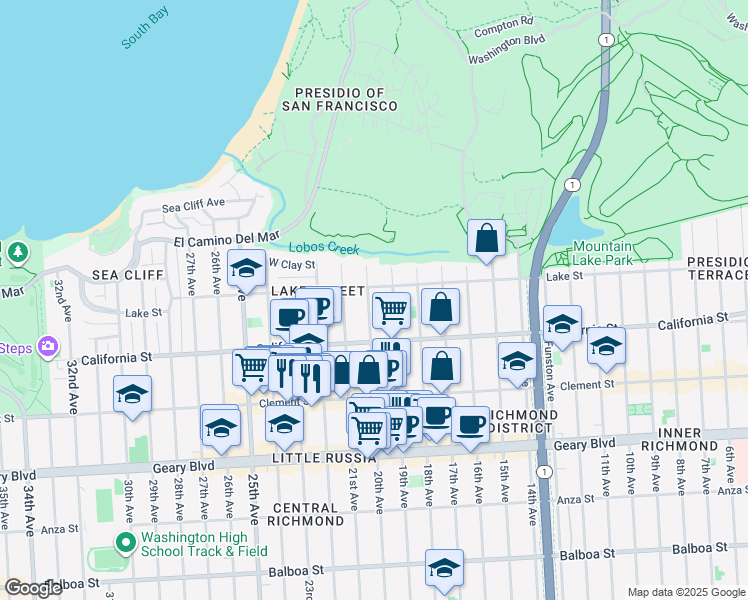 map of restaurants, bars, coffee shops, grocery stores, and more near 118 20th Avenue in San Francisco