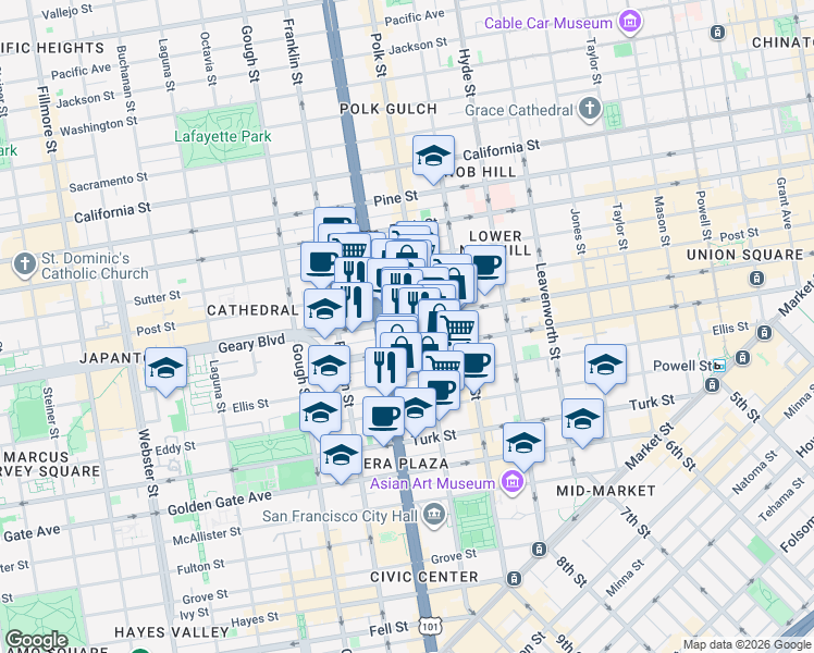map of restaurants, bars, coffee shops, grocery stores, and more near 1000 Van Ness Avenue in San Francisco