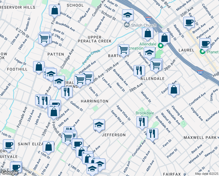 map of restaurants, bars, coffee shops, grocery stores, and more near 2405 Ransom Avenue in Oakland