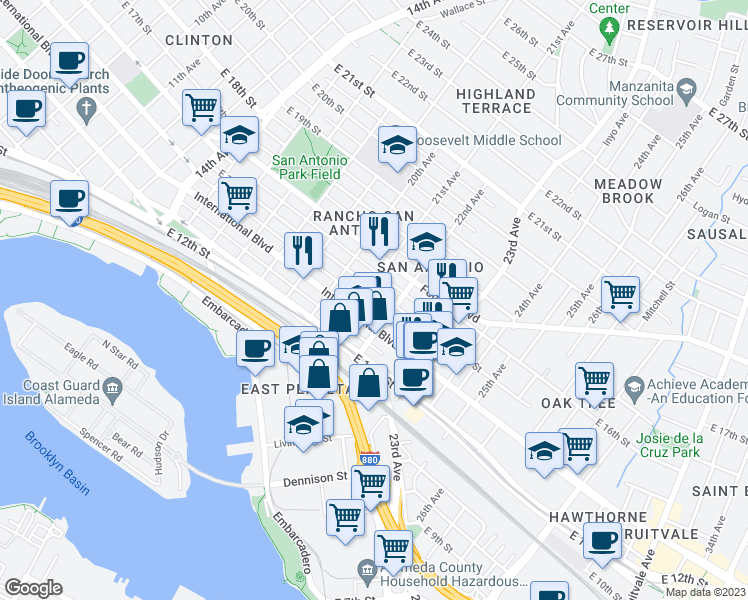 map of restaurants, bars, coffee shops, grocery stores, and more near 2138 International Boulevard in Oakland