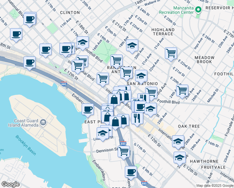 map of restaurants, bars, coffee shops, grocery stores, and more near 1227 East 21st Street in Oakland