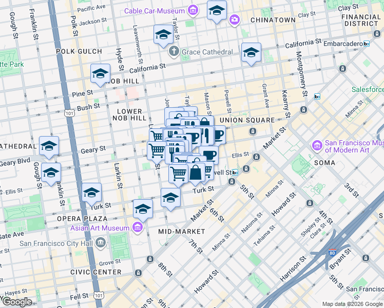 map of restaurants, bars, coffee shops, grocery stores, and more near 344 Ellis Street in San Francisco