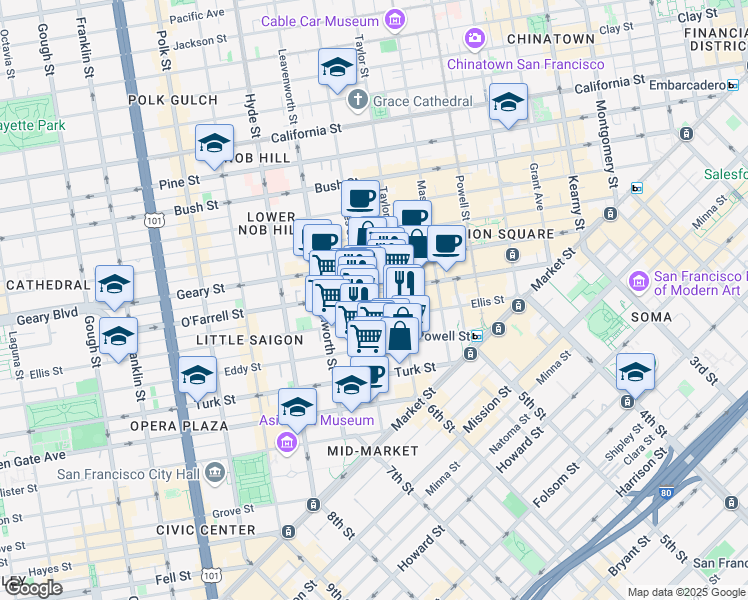 map of restaurants, bars, coffee shops, grocery stores, and more near 344 Ellis Street in San Francisco