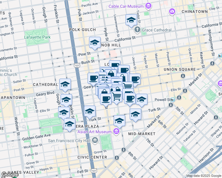 map of restaurants, bars, coffee shops, grocery stores, and more near in San Francisco