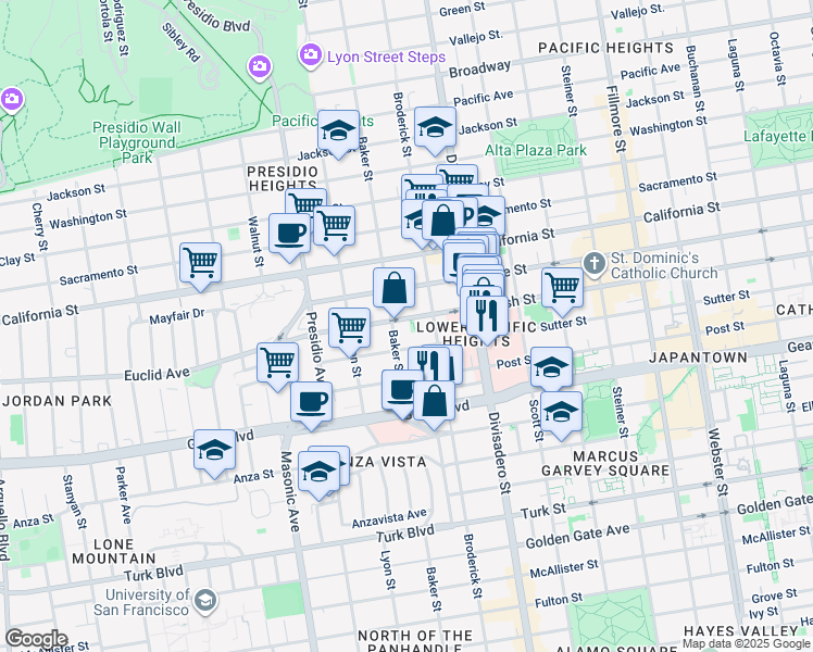 map of restaurants, bars, coffee shops, grocery stores, and more near 2608 Sutter Street in San Francisco