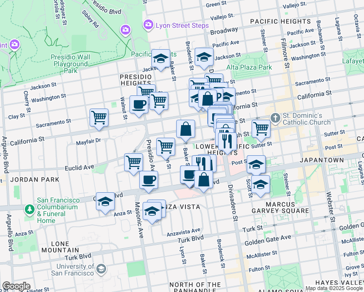 map of restaurants, bars, coffee shops, grocery stores, and more near 2608 Sutter Street in San Francisco