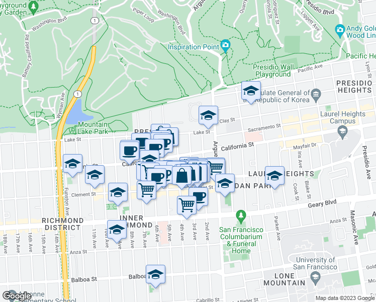map of restaurants, bars, coffee shops, grocery stores, and more near 4101 California Street in San Francisco