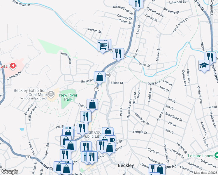 map of restaurants, bars, coffee shops, grocery stores, and more near 103 Quesenberry Street in Beckley