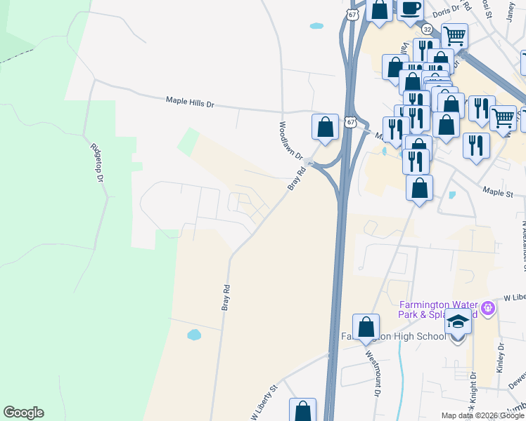 map of restaurants, bars, coffee shops, grocery stores, and more near 400 Woodland Trails in Farmington