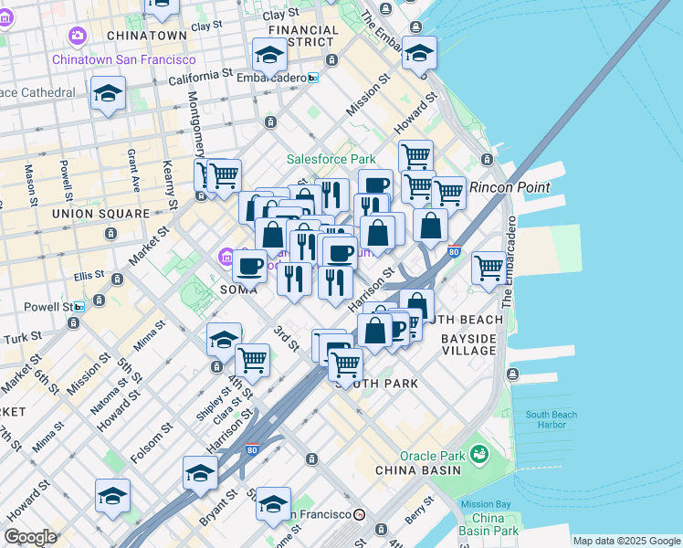 map of restaurants, bars, coffee shops, grocery stores, and more near in San Francisco