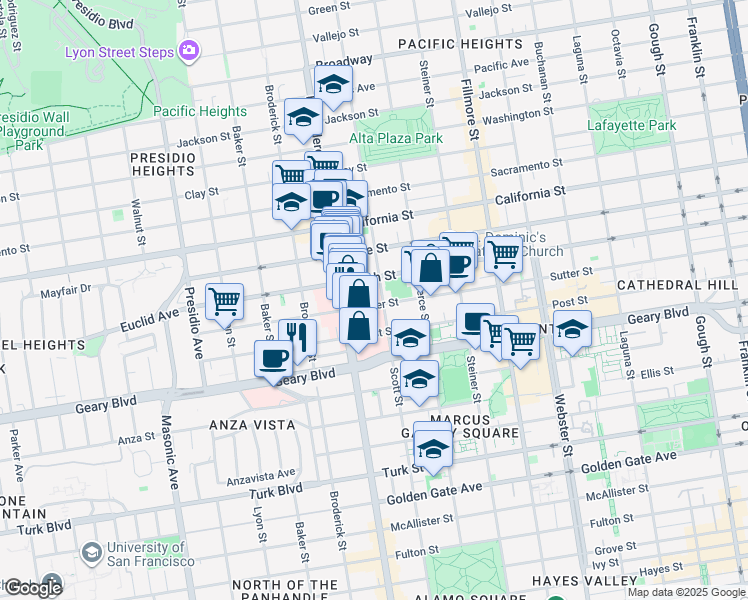map of restaurants, bars, coffee shops, grocery stores, and more near 1705 Scott Street in San Francisco