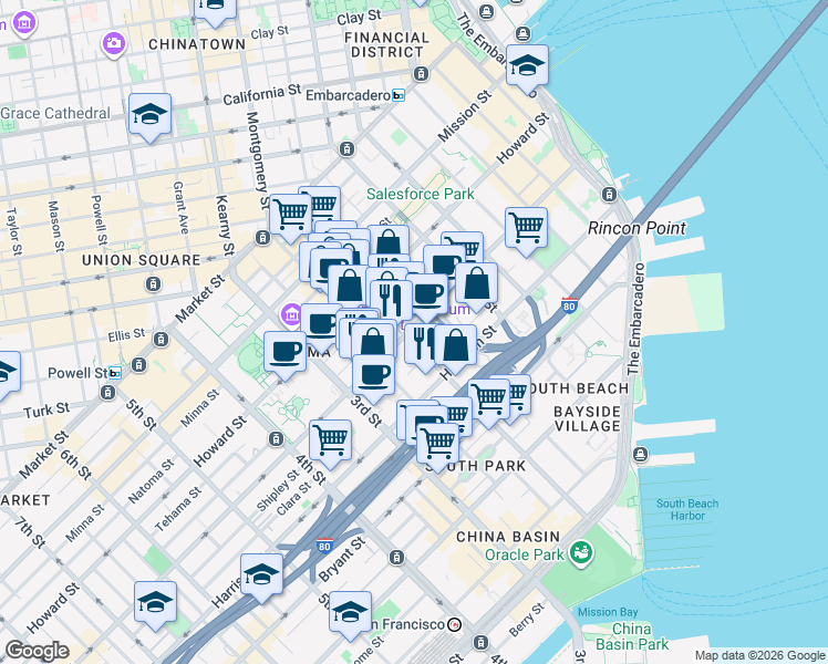 map of restaurants, bars, coffee shops, grocery stores, and more near 303 2nd Street in San Francisco