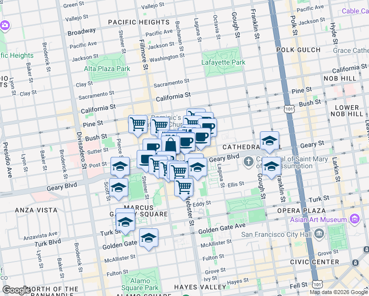 map of restaurants, bars, coffee shops, grocery stores, and more near in San Francisco