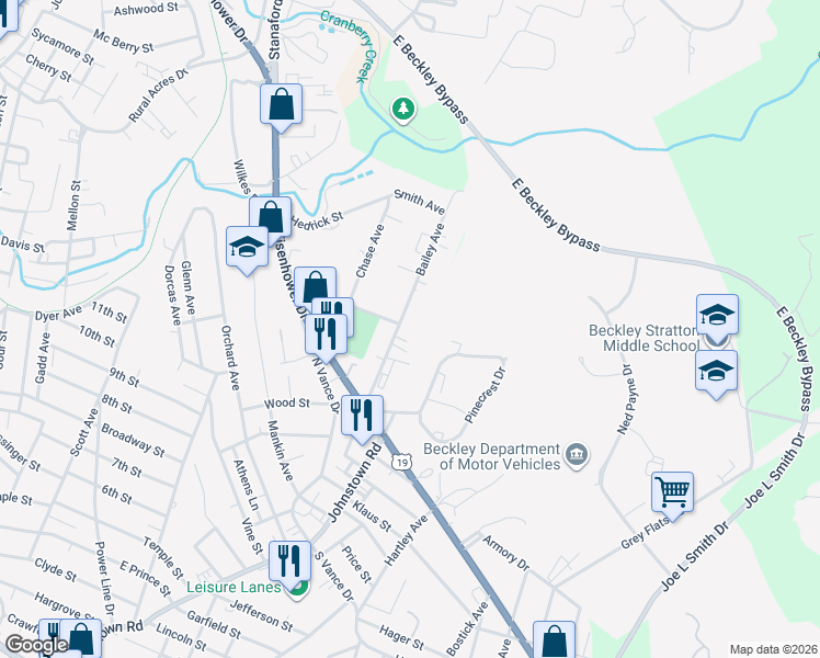 map of restaurants, bars, coffee shops, grocery stores, and more near Marshall Avenue in Beckley