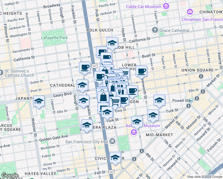map of restaurants, bars, coffee shops, grocery stores, and more near 888 O'Farrell Street in San Francisco