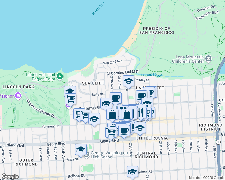 map of restaurants, bars, coffee shops, grocery stores, and more near 27th Avenue & Lake Street in San Francisco