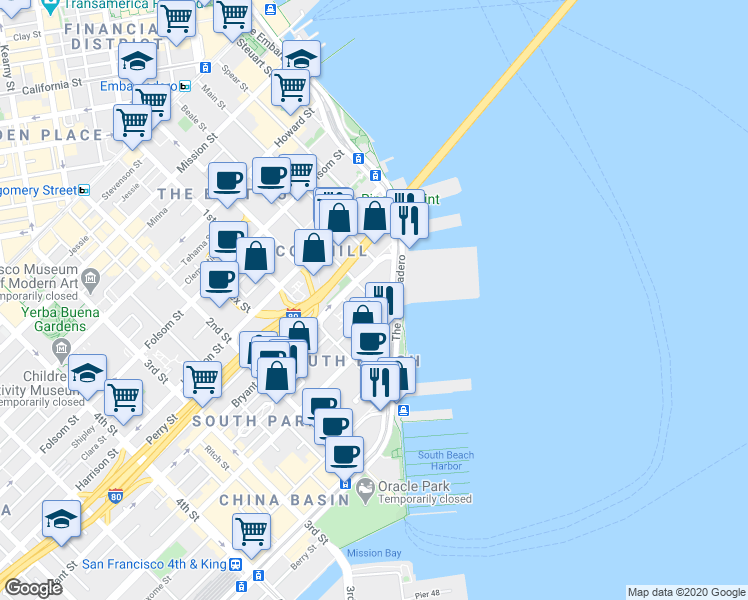 map of restaurants, bars, coffee shops, grocery stores, and more near Beale St & Bryant Ln in San Francisco