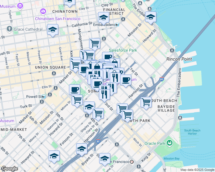 map of restaurants, bars, coffee shops, grocery stores, and more near 55 Hawthorne Street in San Francisco