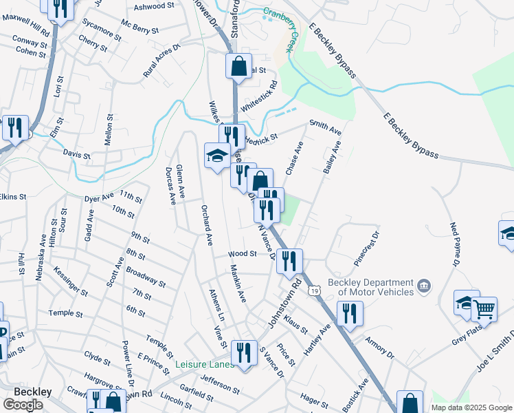 map of restaurants, bars, coffee shops, grocery stores, and more near U.S. 19 in Beckley