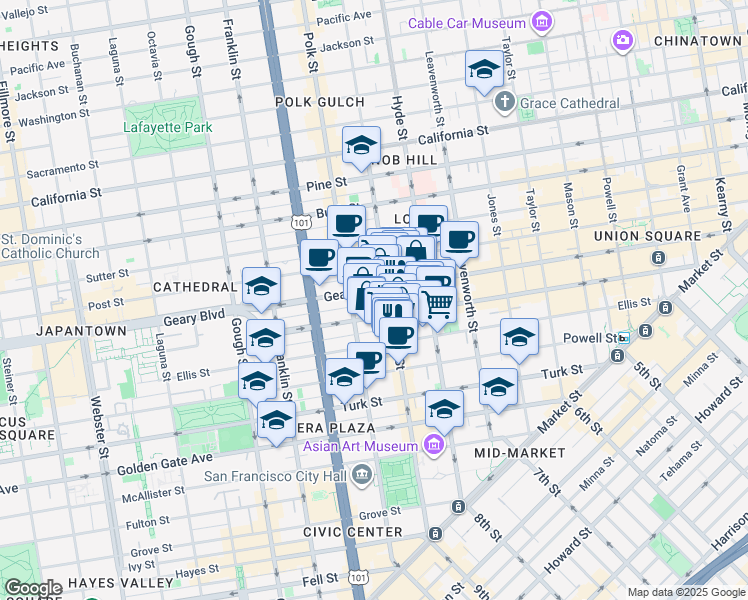 map of restaurants, bars, coffee shops, grocery stores, and more near 935 Geary Street in San Francisco