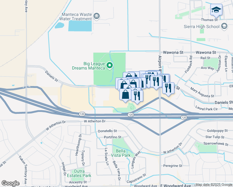 map of restaurants, bars, coffee shops, grocery stores, and more near 2360 Daniels Street in Manteca