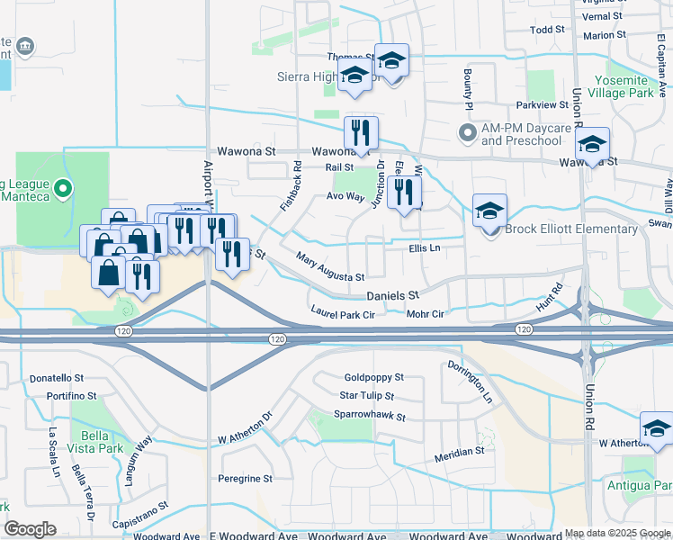 map of restaurants, bars, coffee shops, grocery stores, and more near 1761 Daniels Street in Manteca
