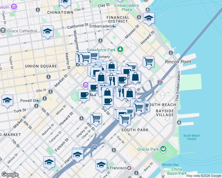 map of restaurants, bars, coffee shops, grocery stores, and more near 246 2nd Street in San Francisco
