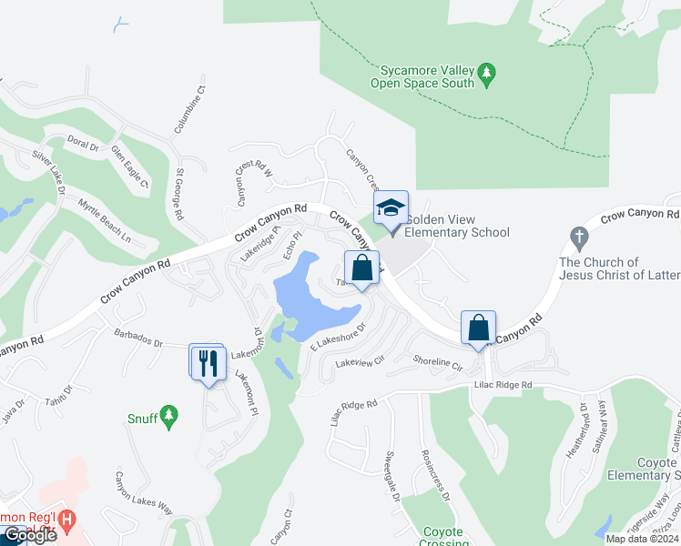 map of restaurants, bars, coffee shops, grocery stores, and more near 3051 Tahoe Place in San Ramon
