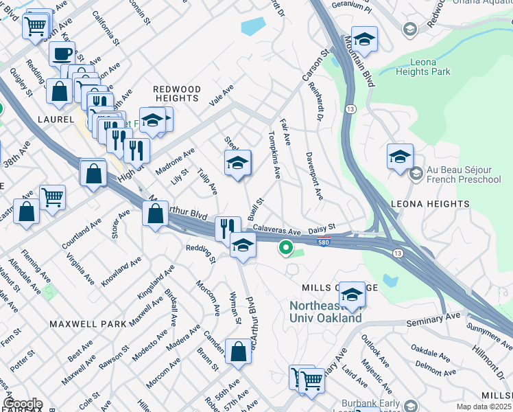 map of restaurants, bars, coffee shops, grocery stores, and more near 3732 Buell Street in Oakland