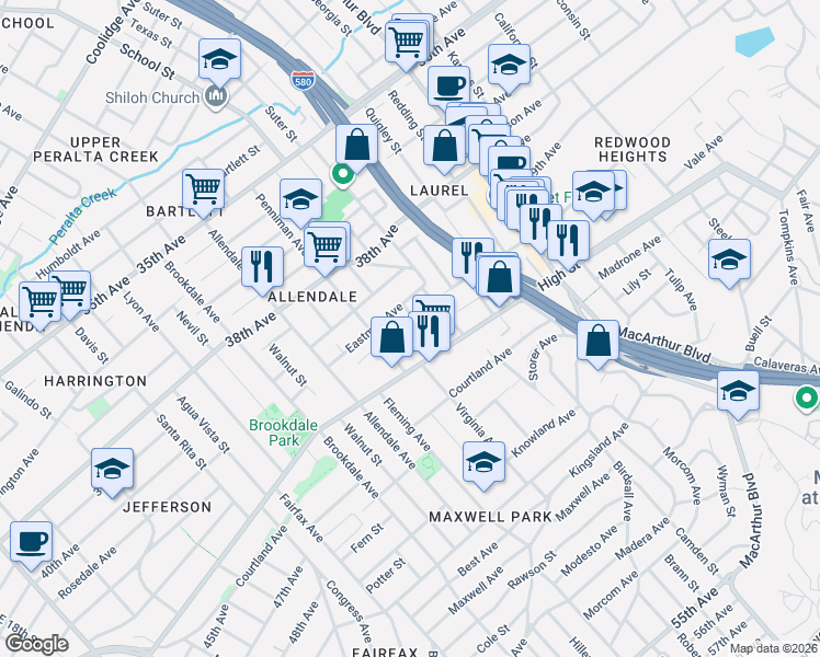 map of restaurants, bars, coffee shops, grocery stores, and more near 3025 High Street in Oakland