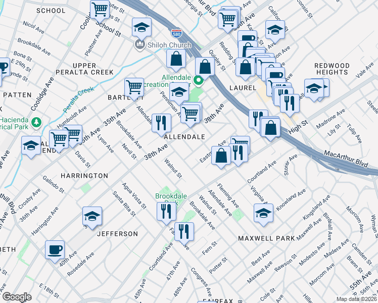 map of restaurants, bars, coffee shops, grocery stores, and more near 2827 Eastman Avenue in Oakland