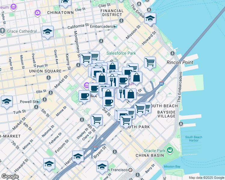 map of restaurants, bars, coffee shops, grocery stores, and more near in San Francisco