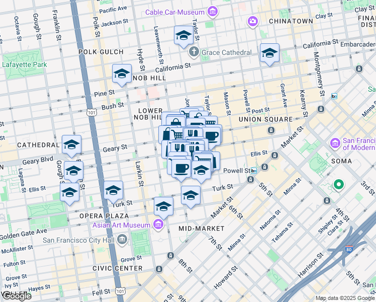 map of restaurants, bars, coffee shops, grocery stores, and more near 440 Ellis Street in San Francisco