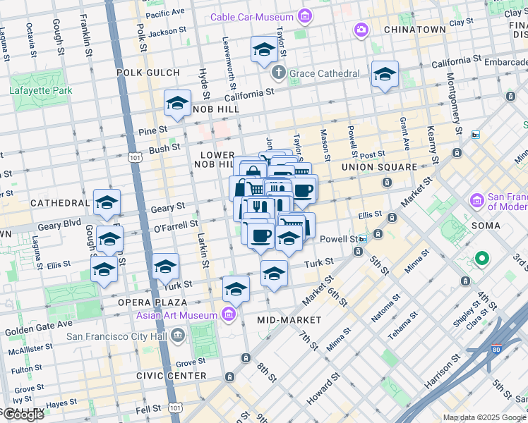 map of restaurants, bars, coffee shops, grocery stores, and more near 440 Ellis Street in San Francisco