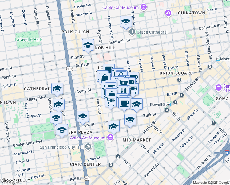 map of restaurants, bars, coffee shops, grocery stores, and more near in San Francisco