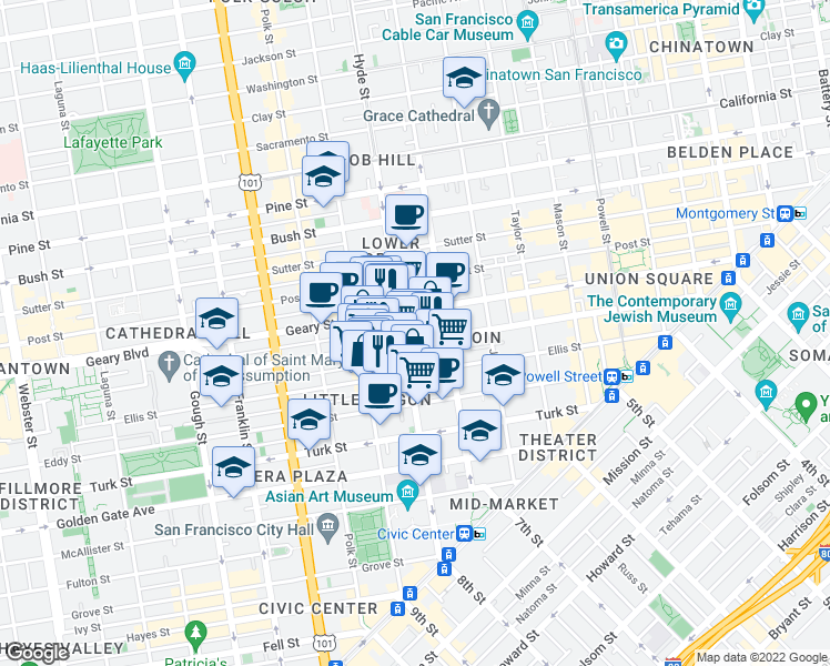 map of restaurants, bars, coffee shops, grocery stores, and more near in San Francisco