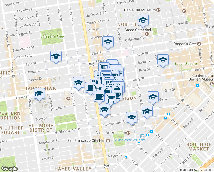 map of restaurants, bars, coffee shops, grocery stores, and more near 888 O'Farrell Street in San Francisco