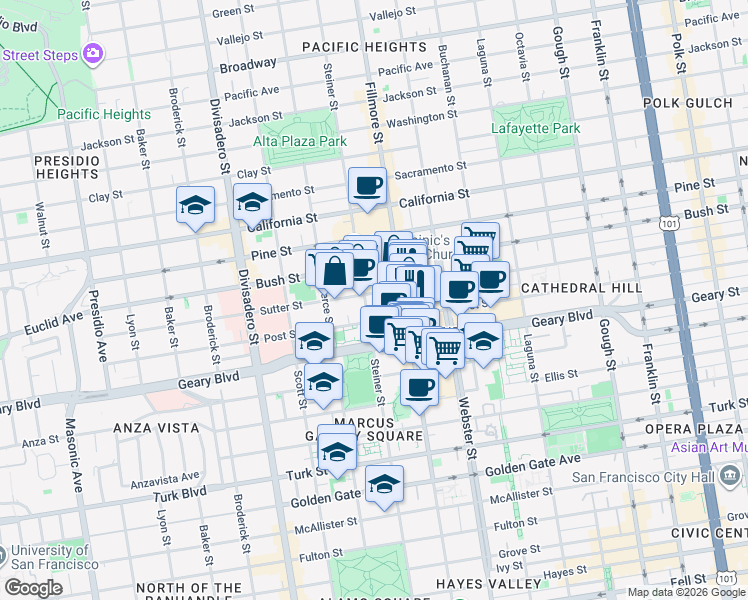 map of restaurants, bars, coffee shops, grocery stores, and more near 1970 Post Street in San Francisco