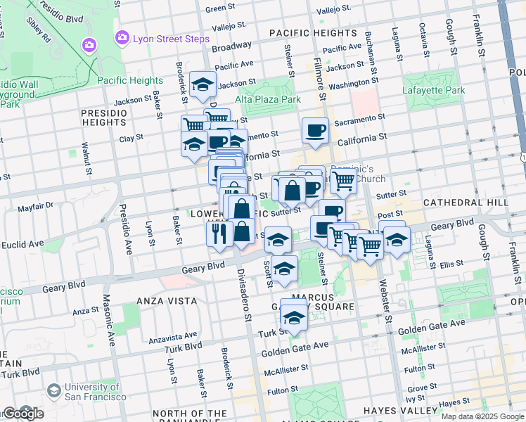 map of restaurants, bars, coffee shops, grocery stores, and more near 2150 Post Street in San Francisco