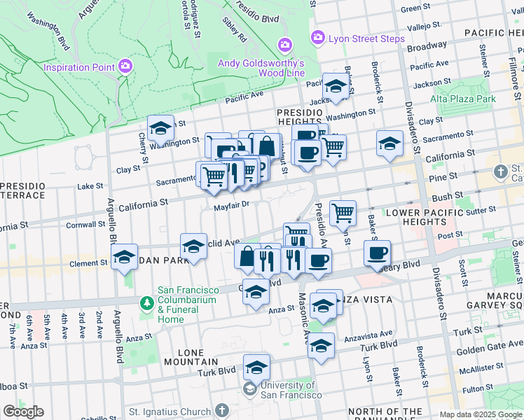 map of restaurants, bars, coffee shops, grocery stores, and more near 585 Laurel Street in San Francisco