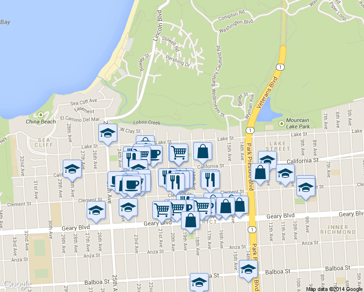 map of restaurants, bars, coffee shops, grocery stores, and more near Lake Street in San Francisco